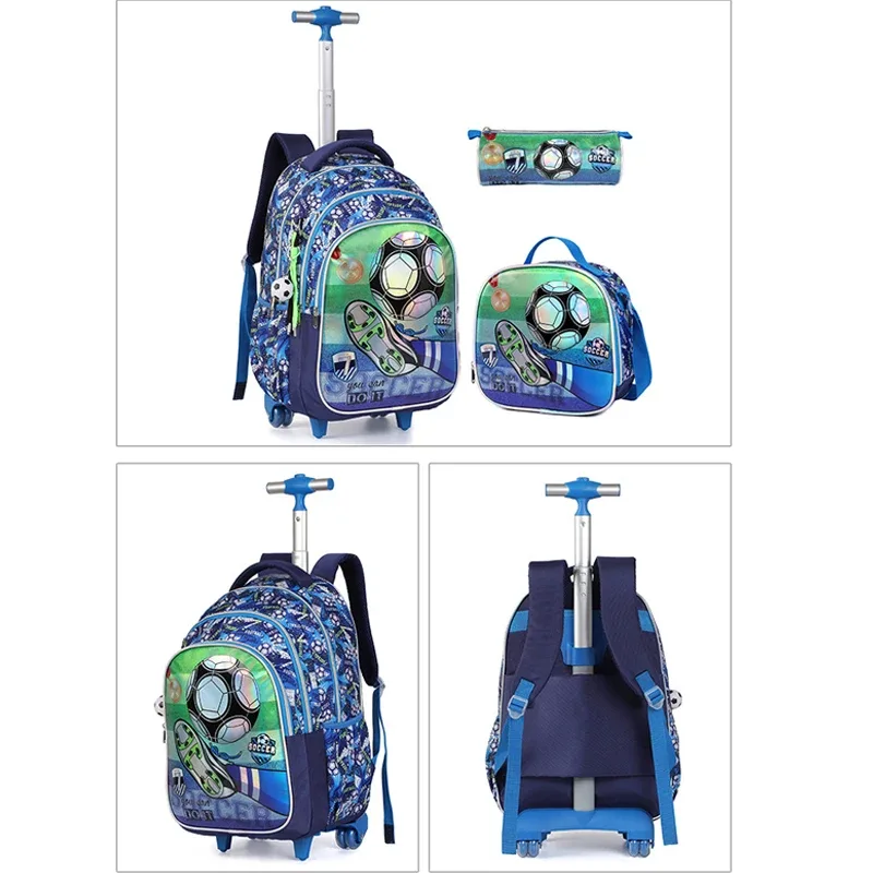 valise sacdos polyester motiffootball chaussuressport bleu roulettes facilitetransport setecolier crayoncase lunchbox thèmefootball usagevoyage scolaire