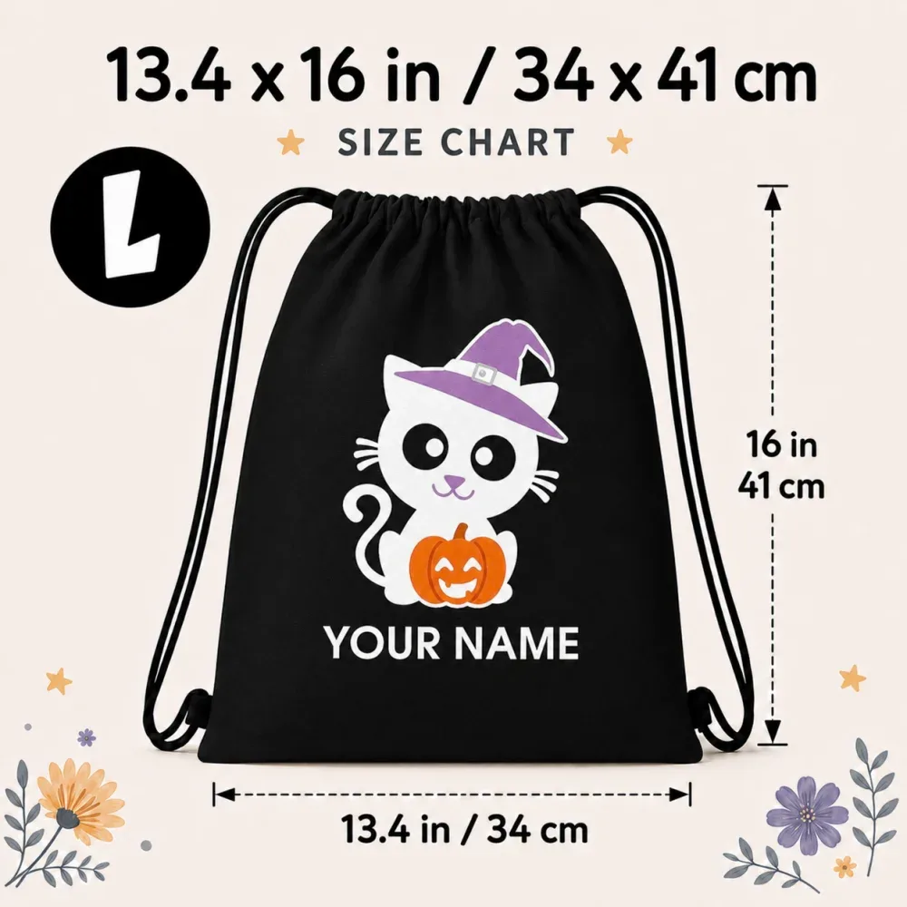 sac à cordon personnalisé avec nom, motif chat d'halloween, chapeau de sorcière, citrouille, sac à trucs ou fripes pour enfants, sac à dos 34x41cm