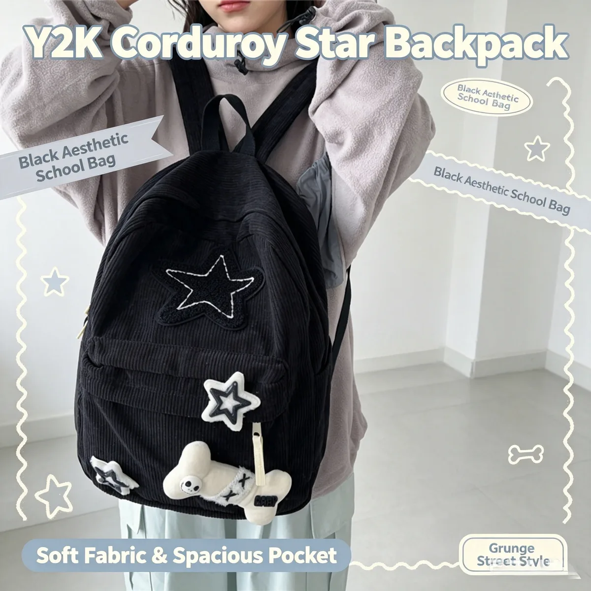 sac à dos coréen y2k harajuku en velours côtelé avec patch étoile noir et blanc, style gothique, poupée tête de mort, mignon, streetwear japonais, pour étudiantes et adolescentes