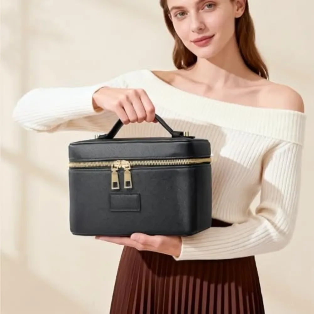 sac de maquillage en cuir pu, forme carrée, grande capacité, sac de rangement pour appareil photo, étanche, séparateur amovible, étui organisateur de maquillage, voyage