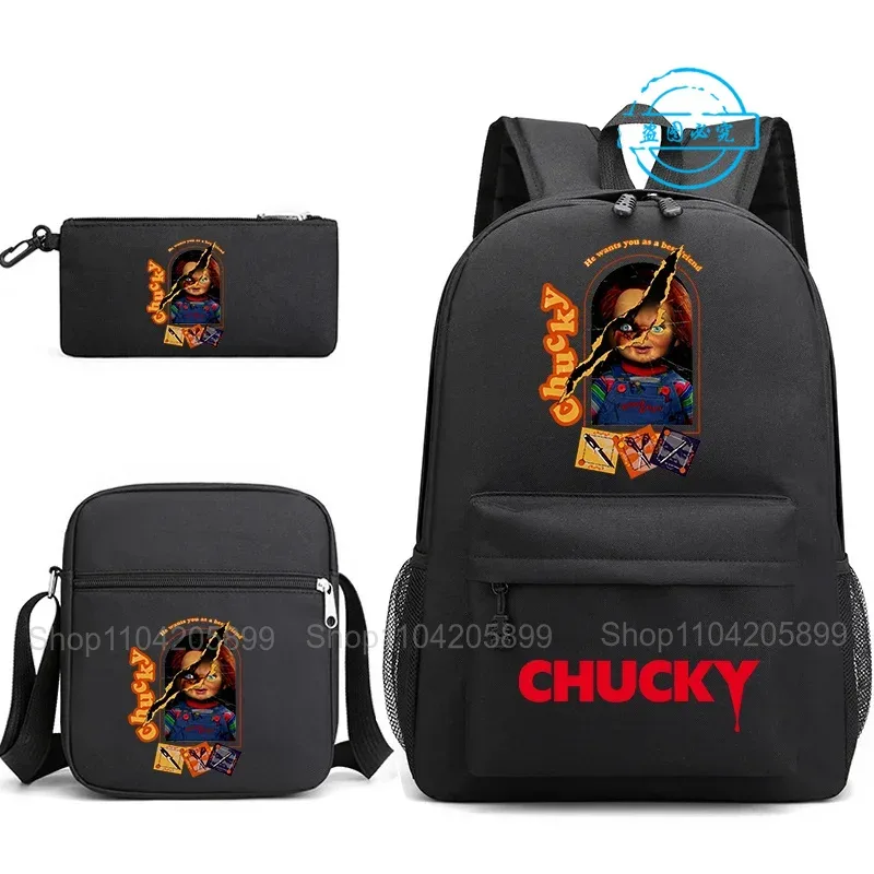 sacs à dos chucky pour enfants, 3 pièces, cartables pour étudiants et adolescents, sacs d'école pour garçons et filles, trousse à crayons, sacs à bandoulière, sac de voyage