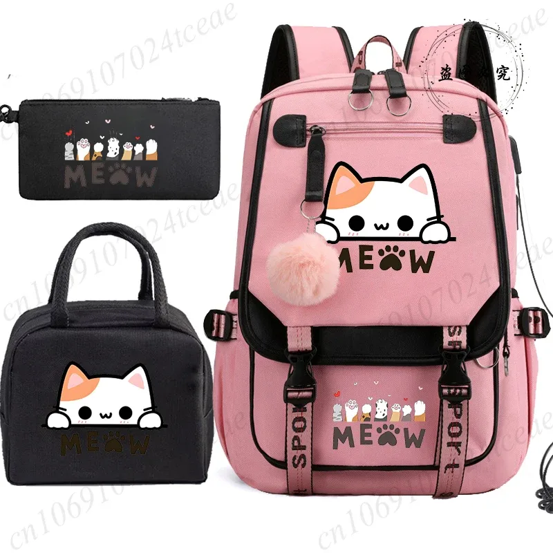 sac à dos scolaire pour adolescents, sac à dos quotidien pour étudiants, sac à dos pour filles, sac à dos scolaire à motif de chat noir, avec sac à lunch et trousse à crayons, 3 pièces/ensemble