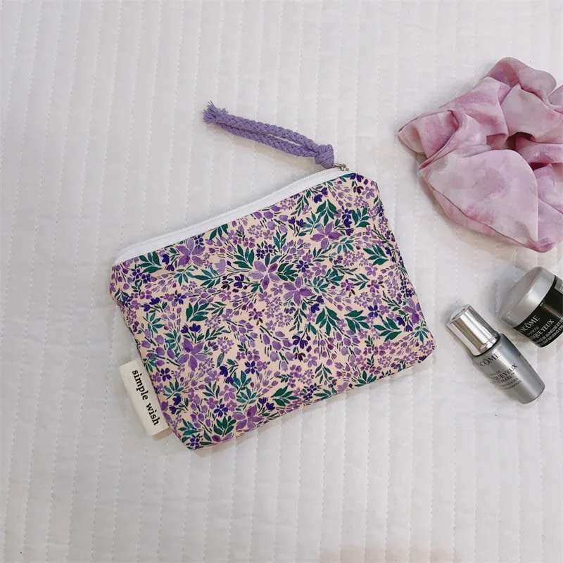 porte-monnaie en coton imprimé floral frais d'été, mini sac de rangement en tissu, petit sac pour écouteurs, pochette de voyage pour cosmétiques, sac de rangement pour maquillage
