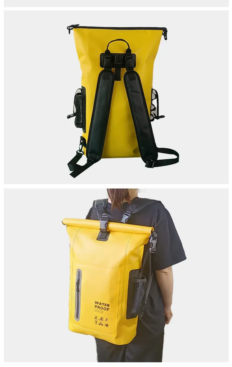 sac dos pvc étanche noir vert olive jaune bandes réfléchissantes poches latérales cadre externe ceinture coussin air usage voyage randonnée camping plage
