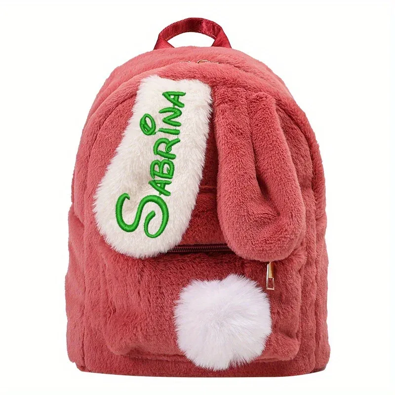 sac à dos léger et décontracté avec nom personnalisé, design d'oreille de lapin en peluche, cadeaux d'anniversaire parfaits pour la saison scolaire pour filles