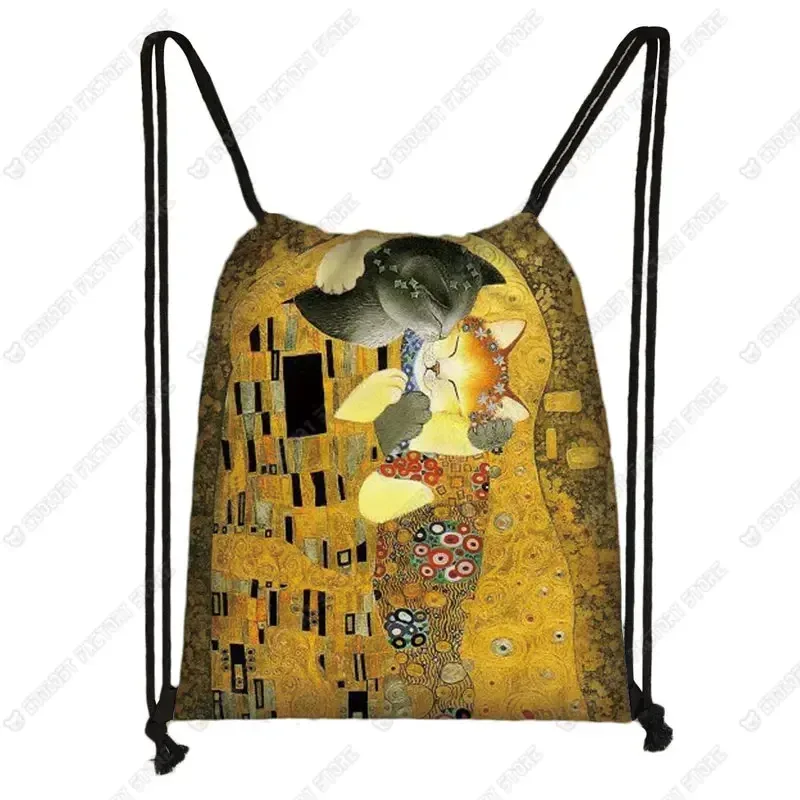 sac à dos de voyage en toile avec motif de chat pour femme, sac de rangement, sac de proximité, joli, mignon, chat de dessin animé, image imprimée, mode