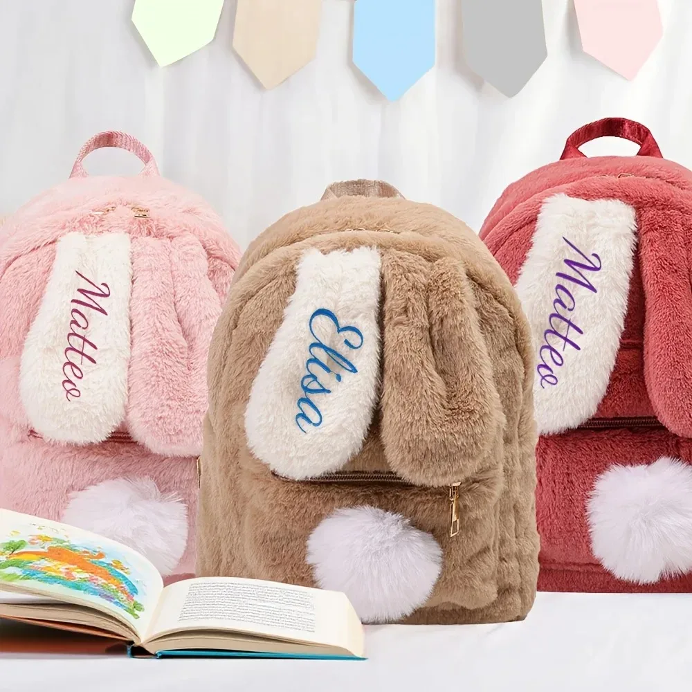 sac à dos léger et décontracté avec nom personnalisé, design d'oreille de lapin en peluche, cadeaux d'anniversaire parfaits pour la saison scolaire pour filles