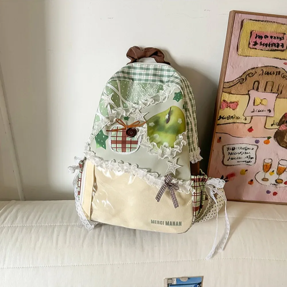 sac à dos apple star ita bag à carreaux en dentelle, style frais et doux, pour étudiantes, sacs portables pour femme