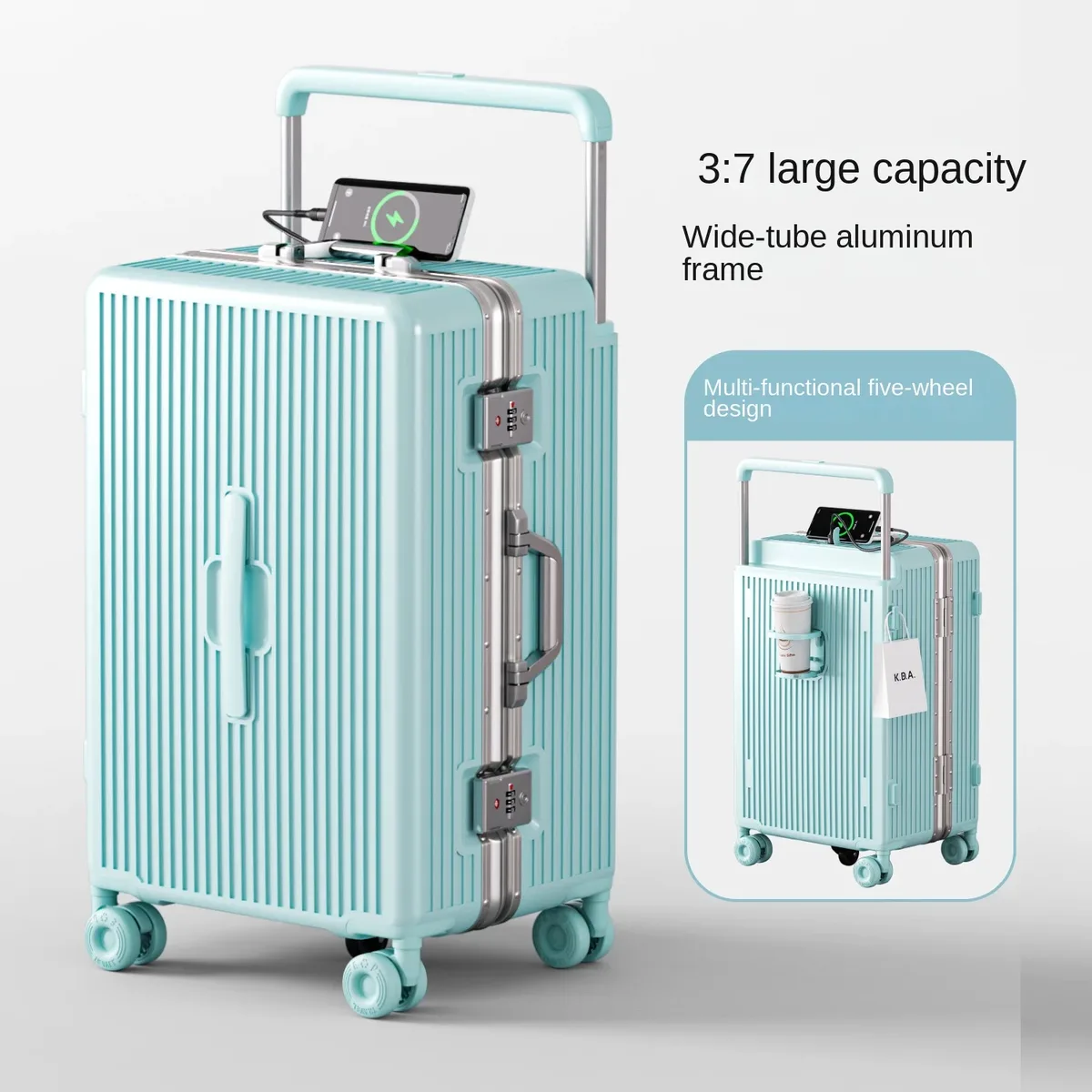 valise ko-ku new 3:7 en aluminium, cadre en aluminium, 20 pouces (bagage cabine) et 28 pouces (grande capacité), avec serrure à code et porte-gobelet.