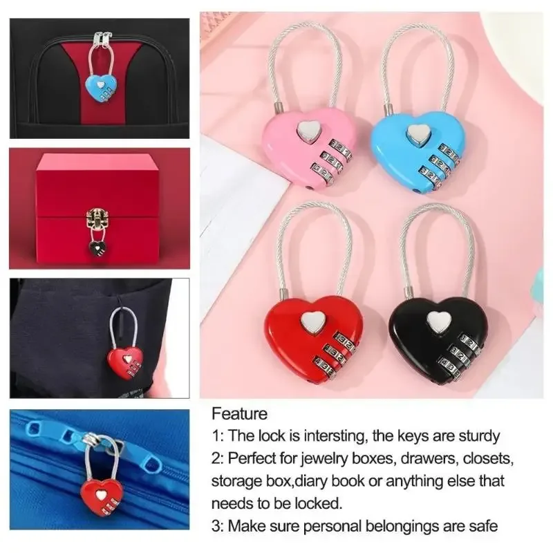 cadenas serrure tsa code trois chiffres forme coeur mettre plastique brillant noir bleu rose rouille resistant durable usage voyage
