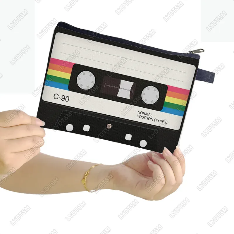 boîte à cassettes années 80 et 90, étui à cosmétiques graphique, cassette de mixage musical, sacs à maquillage pour femmes, sacs de rangement pour rouge à lèvres, trousse de toilette old school