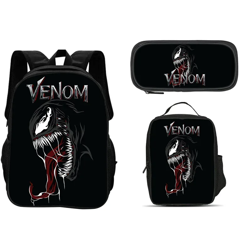 ensemble de 3 pièces du film venom : sac à dos + sac à lunch + trousse à crayons, papeterie de voyage à la mode, cadeau pour enfants, école, polyvalent