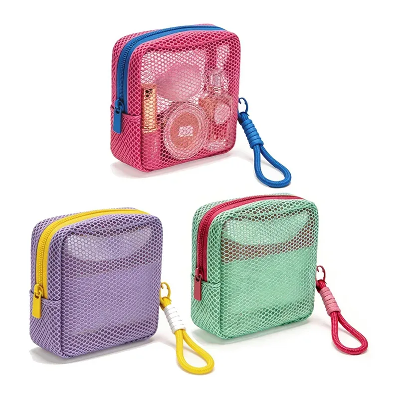 mini sac de maquillage en maille avec design dopamine perspective, sac de rangement pour crème solaire, clés, câbles, avec sangle de poignet amovible
