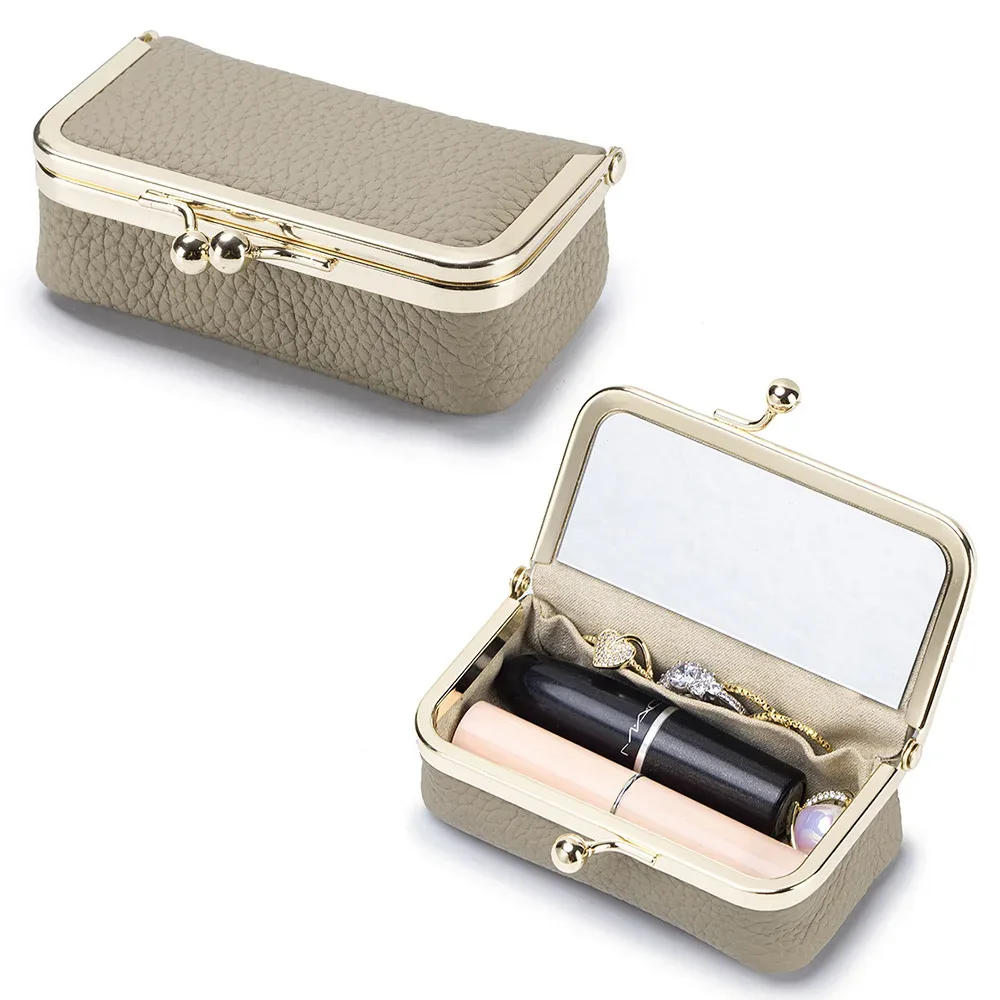 mini étui de rangement pour rouge à lèvres en cuir véritable, petite trousse de maquillage avec miroir, pochette de voyage pour cosmétiques, boîte de maquillage