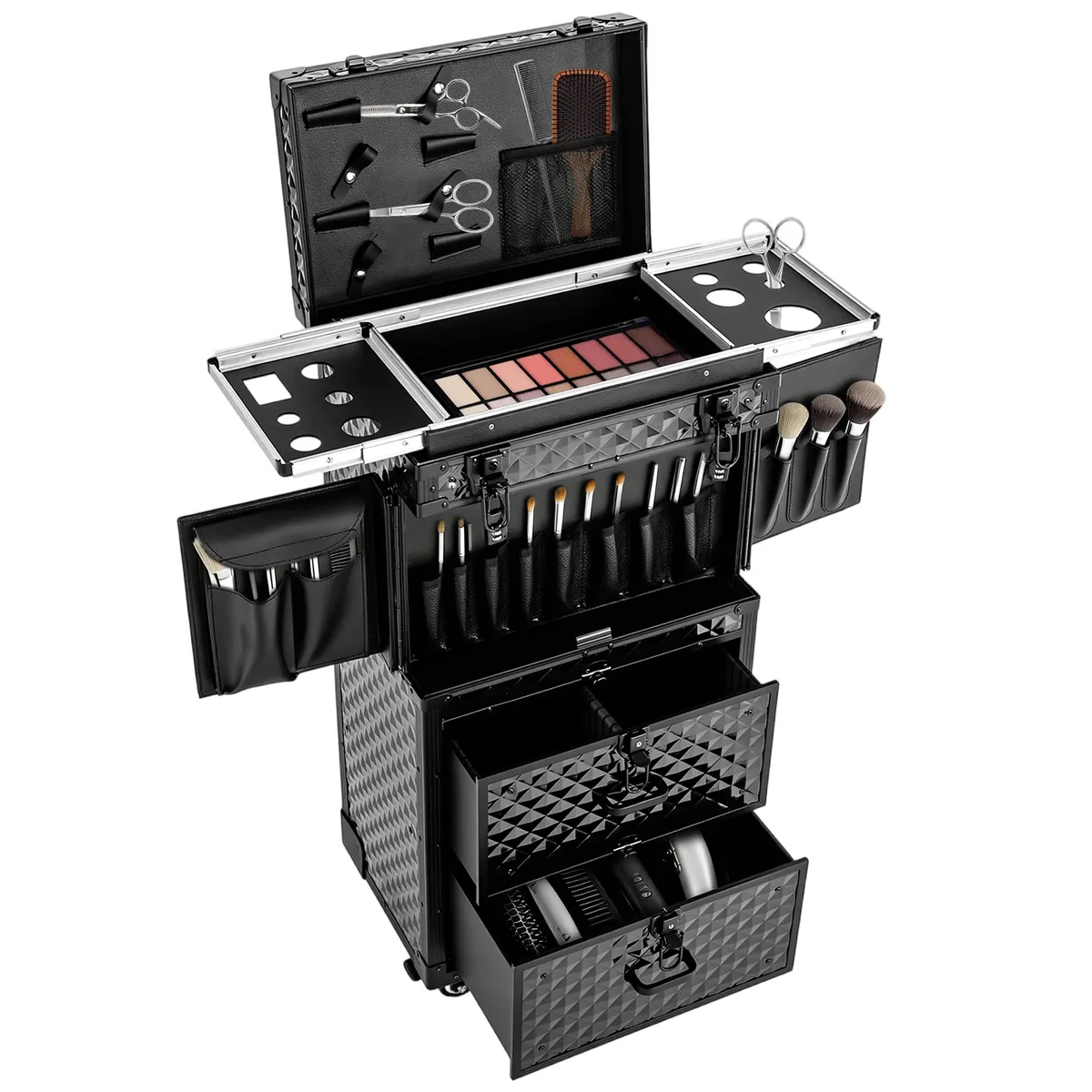 valise de maquillage verrouillable bymaocar, trolley de salon de beauté multi-niveaux en aluminium et abs, design cube d'eau, grande capacité, organisateur avec 2 tiroirs, supports pour ciseaux, 6 clés, serrure intégrée, verrouillage par mot de passe