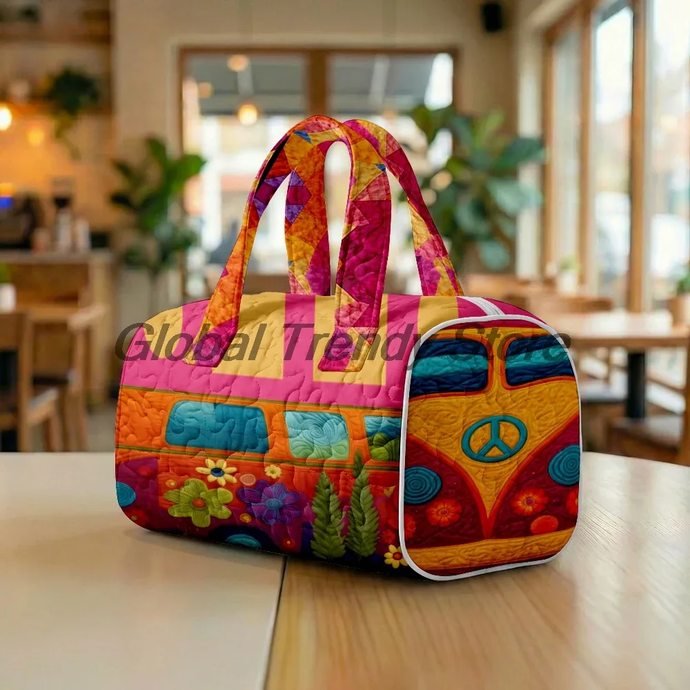 sac de voyage matelassé pour homme, motif floral et bus de la paix, sac fourre-tout décontracté pour femme, sac de week-end
