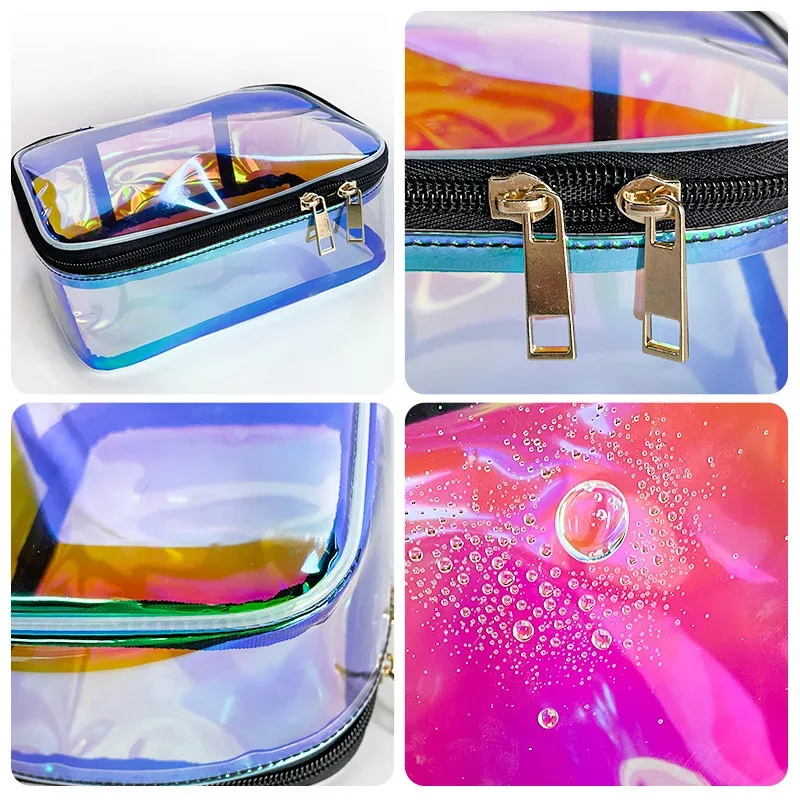 nouveauté sacs à cosmétiques irisés holographiques clairs sac de toilette de voyage étanche holographique transparent
