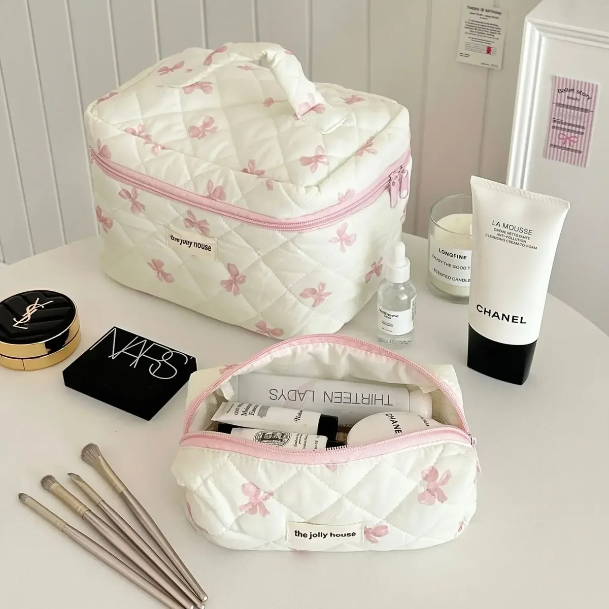 sac de maquillage coréen imprimé nœud pour femmes, trousse à cosmétiques portable de grande capacité pour articles de toilette de voyage, sac de rangement de cosmétiques