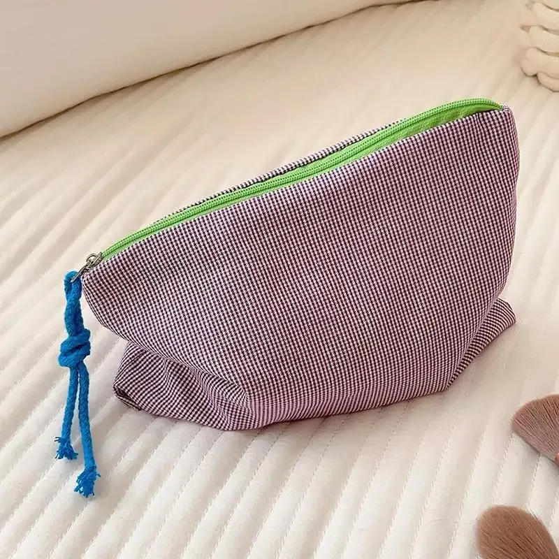 sac de maquillage à carreaux avec fermeture éclair, pochette de rangement en coton, sac à cosmétiques de grande capacité, sac de rangement portable pour femmes, sac à main simple