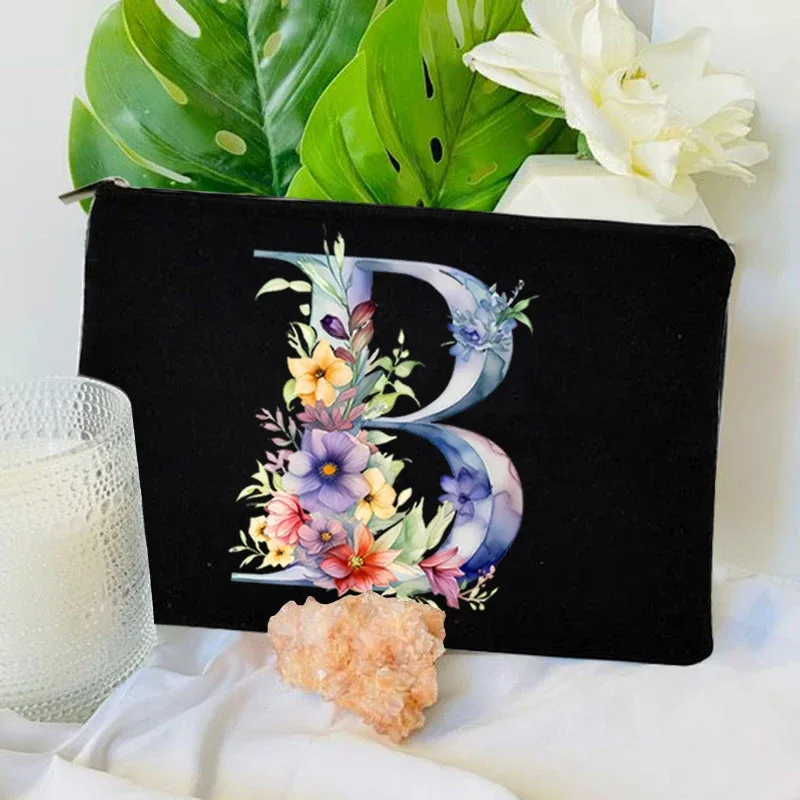 trousse toilette toile noire initiale fleurs maquillage femmes voyage sac cosmétiques intérieur uni poignée glissière