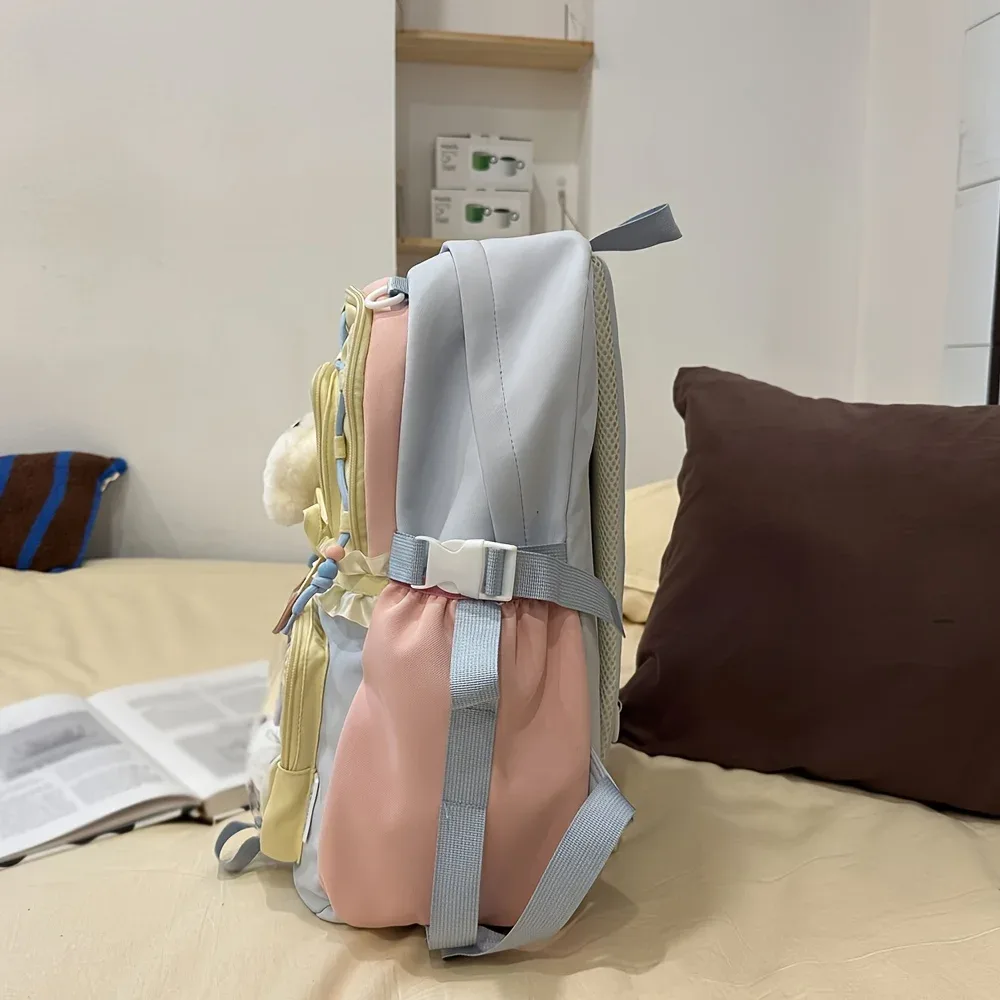 sac dos nylon unisexe pastel gris rose bleu clair motifs lapins coeurs accessoires voyage léger