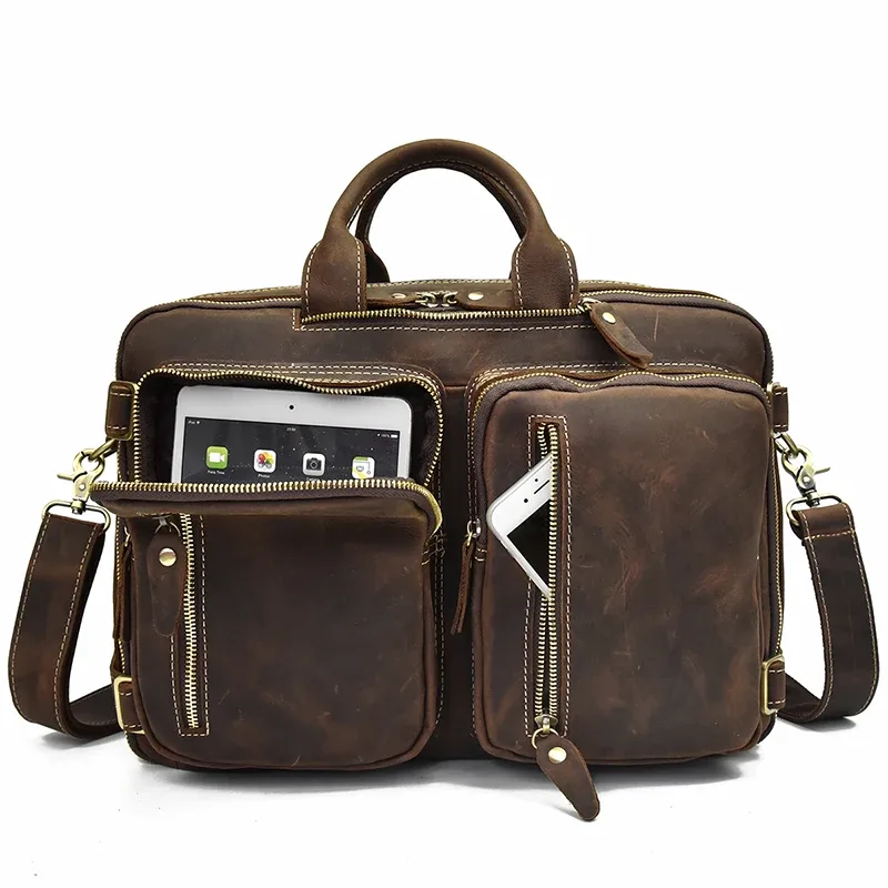 sac à dos en cuir de vache à double fermeture éclair, sac à bandoulière de bonne qualité, mallette de voyage et de bureau à double usage, en cuir pur