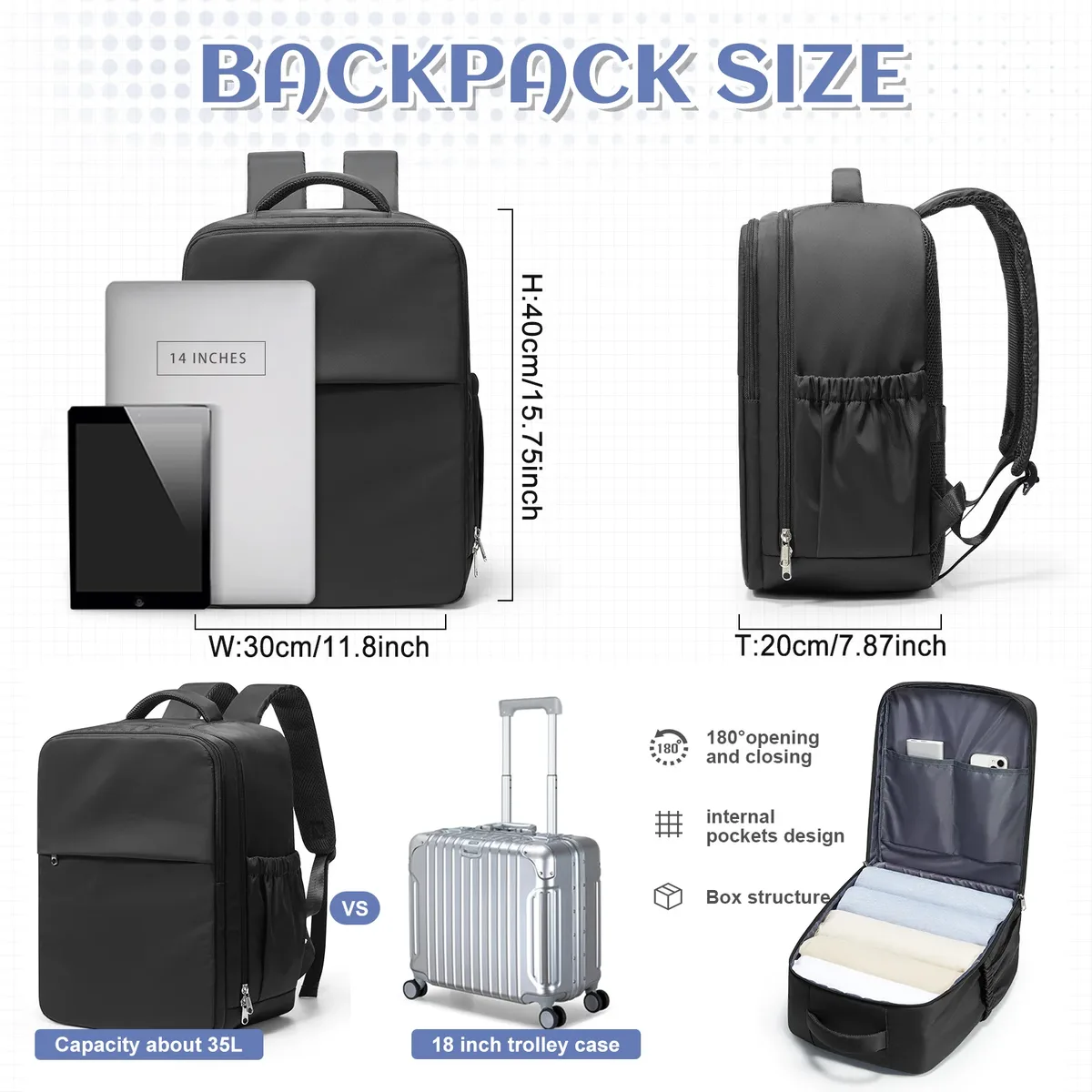 sac à dos de voyage pour avion 40x30x20, sac à dos de cabine pour bagages à main wizzair, sacs pour ordinateur portable pour hommes et femmes, sac d'école pour étudiants