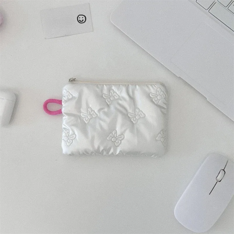 porte-monnaie à motif de nœud argenté pour femme, portefeuille pour écouteurs, pochette à fermeture éclair, trousse à cosmétiques en poudre, prédire