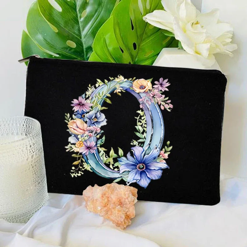 trousse toilette toile noire initiale fleurs maquillage femmes voyage sac cosmétiques intérieur uni poignée glissière