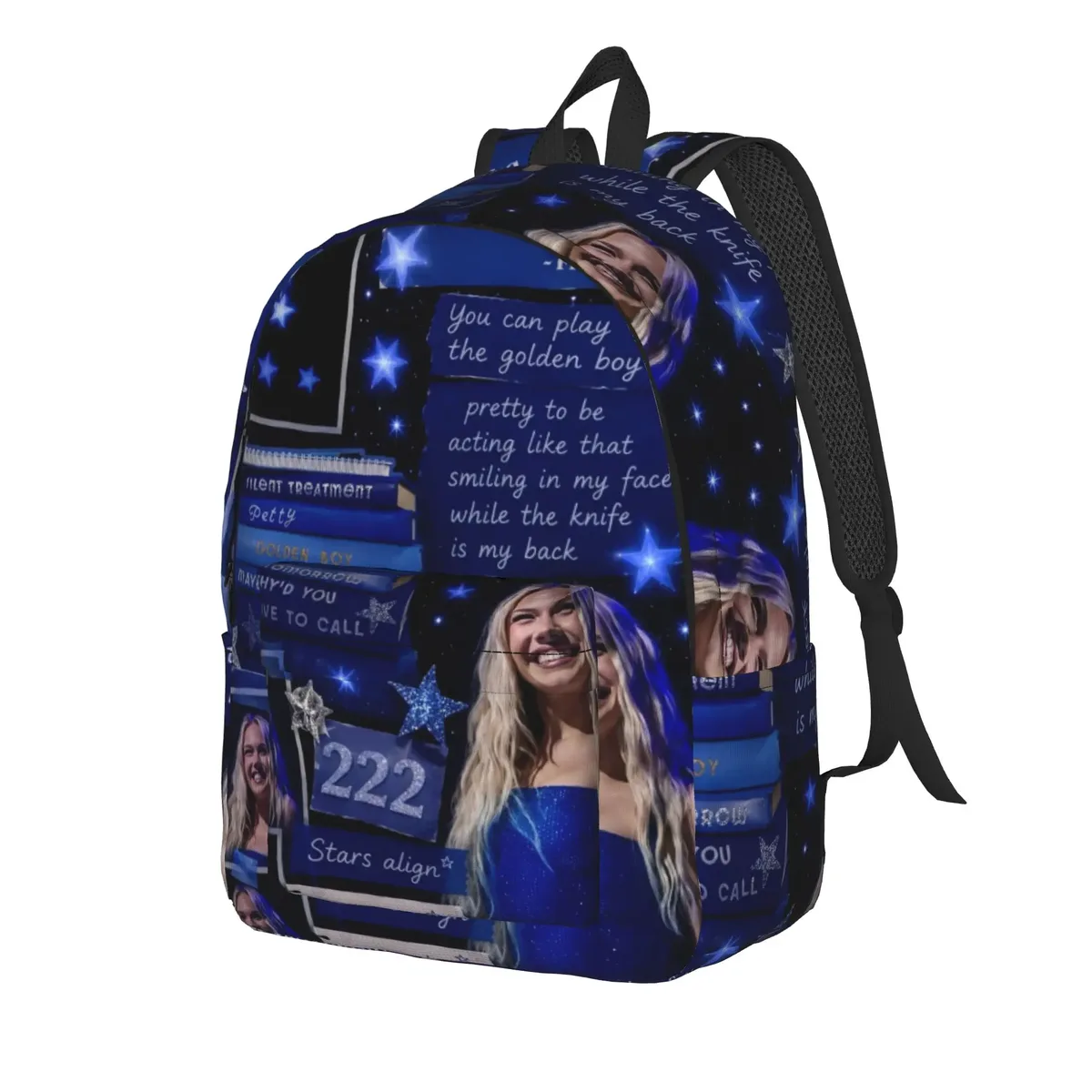 sac à dos freya skye avec patchwork photo et texte bleu, sacs à dos modernes pour garçons, sacs de randonnée souples, sacs d'école secondaire, sac à dos de créateur