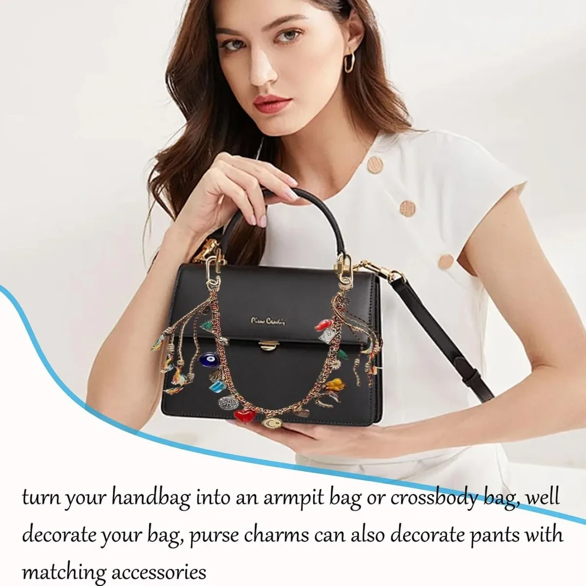 chaîne décorative sac cuir tressée motifs colorés breloques oeil maléfique cœur croissant lune accessoire voyage femme