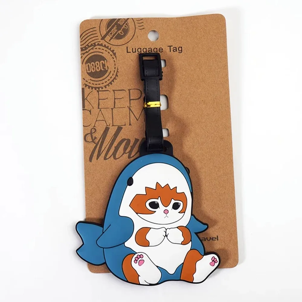 nouvelle étiquette de bagage mignonne en forme de requin et de chat, porte-carte de bus en pvc de dessin animé, housse portable pour valise de voyage, étiquette anti-perte, étiquette d'adresse