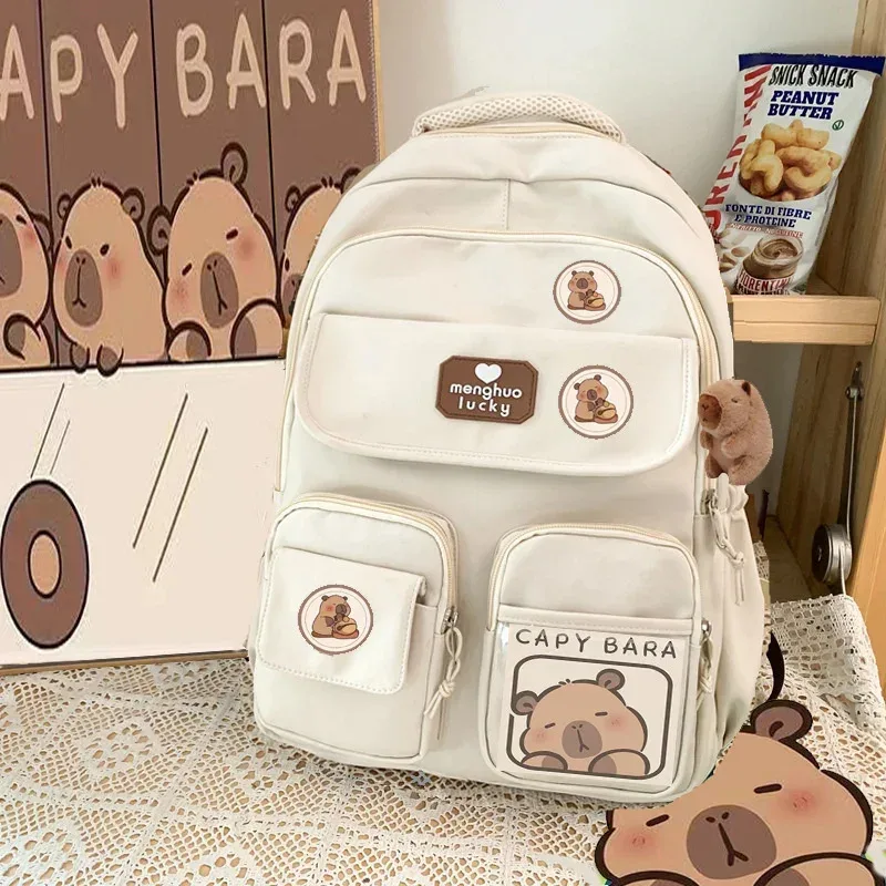 sac dos nylon beige accents marron blanc motifs ours poches multiples étudiant voyage décontracté
