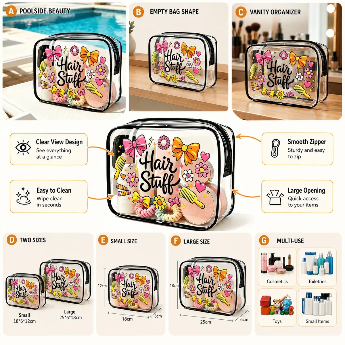 trousse de toilette transparente en pvc avec imprimé mignon pour accessoires cheveux et maquillage – organisateur de voyage