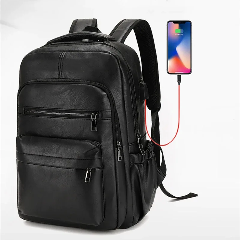 Sac à dos de chargement USB en cuir PU pour hommes, grands sacs à dos pour ordinateur portable, cartable pour adolescents, haute qualité