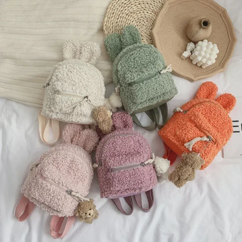 sac à dos en peluche pour enfants en bas âge, sac d'école de maternelle avec oreilles de lapin mignonnes, sac de jour en polaire chaude d'hiver, sac de voyage en plein air pour garçons et filles