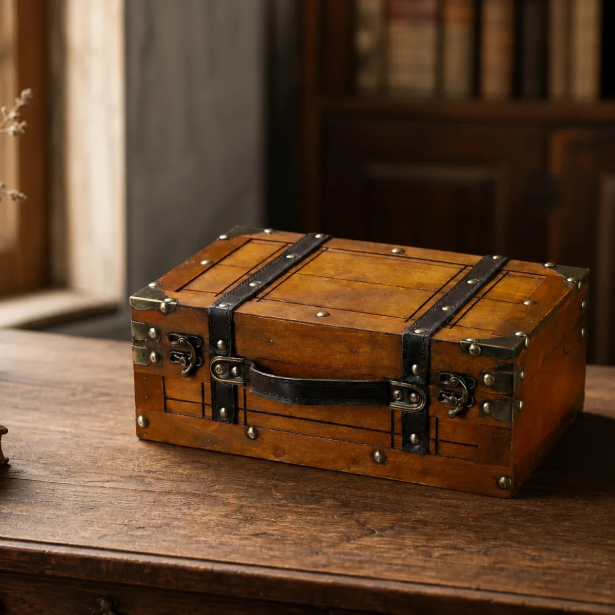 organisateur voyage bois brun foncé vintage couvercle charnières accessoires transport bureau photo décoration présentation thématique