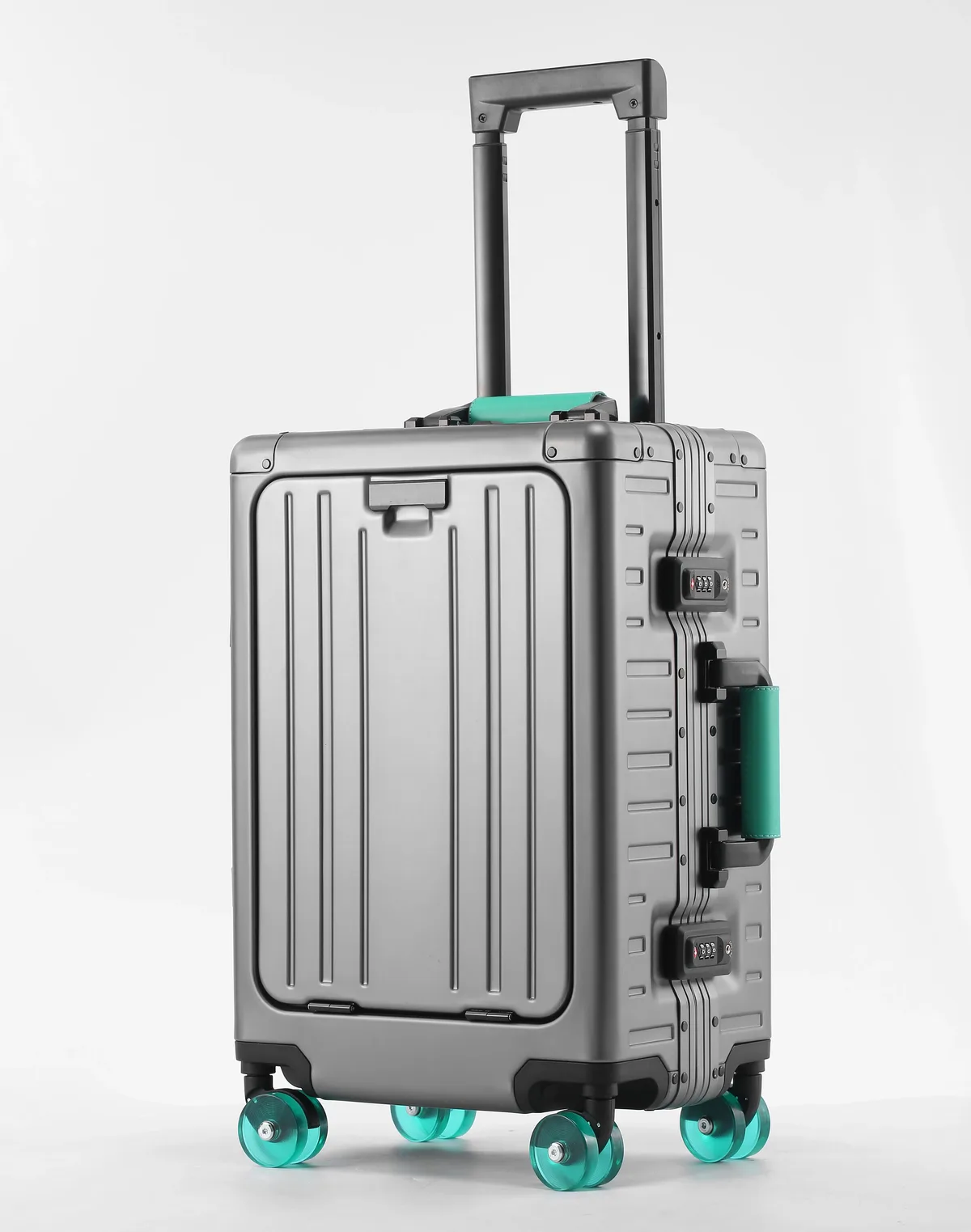 valise aiweiny en alliage d'aluminium et de magnésium, ouverture frontale, 360° ° valise de voyage/à main avec roues silencieuses en tpe, serrure tsa