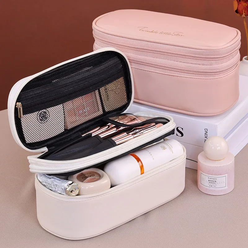 nouvelle trousse de maquillage grande capacité en cuir pu double couche, organisateur de cosmétiques de voyage, pochette de toilette pour essentiels de beauté femme