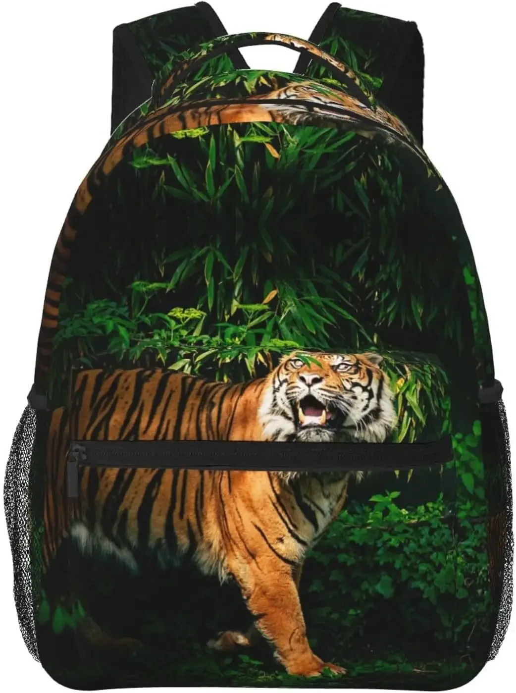 sac dos polyester imprimé tigre rayures noires orange fond beige poches latérales zip grande ouverture bandouliere chaîne usage voyage école randonnée camping