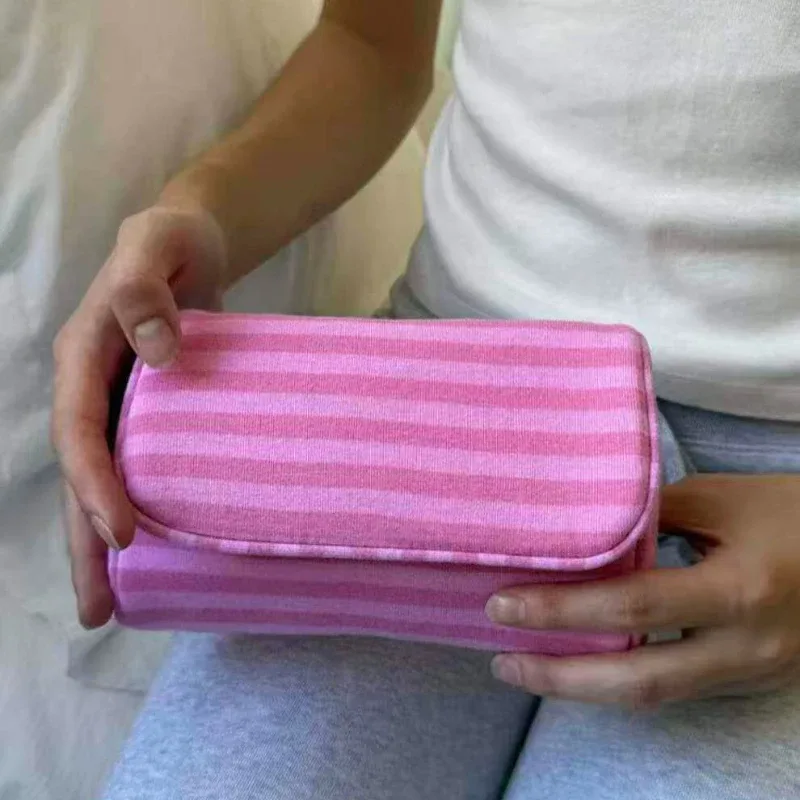pochette cosmétique rose rayée tendance avec miroir, trousse de maquillage à pois pour femme, sac de rangement portable pour rouge à lèvres et articles de toilette de voyage
