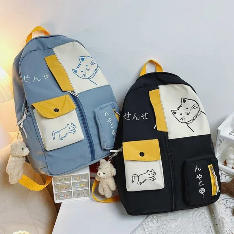 sac à dos coréen mignon chat de dessin animé pour femmes, cartable pour lycéens, grande capacité, sac à dos de voyage étanche en nylon