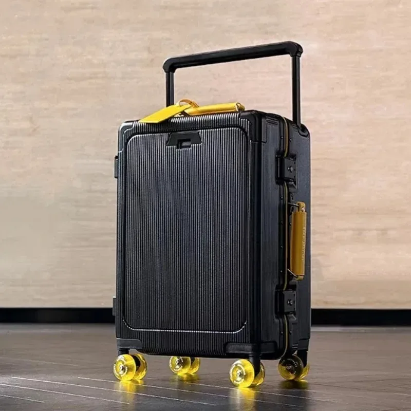 valise à roulettes de poche à ouverture avant, cadre en aluminium, valise à roulettes à poignée large avec roues silencieuses colorées et prise de chargement usb