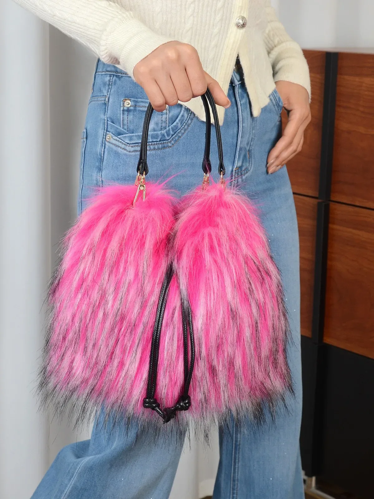 sac à main tendance en fausse fourrure pour femme, collection automne-hiver, sac seau de luxe, sac fourre-tout en fausse fourrure de raton laveur, sac à main haut de gamme