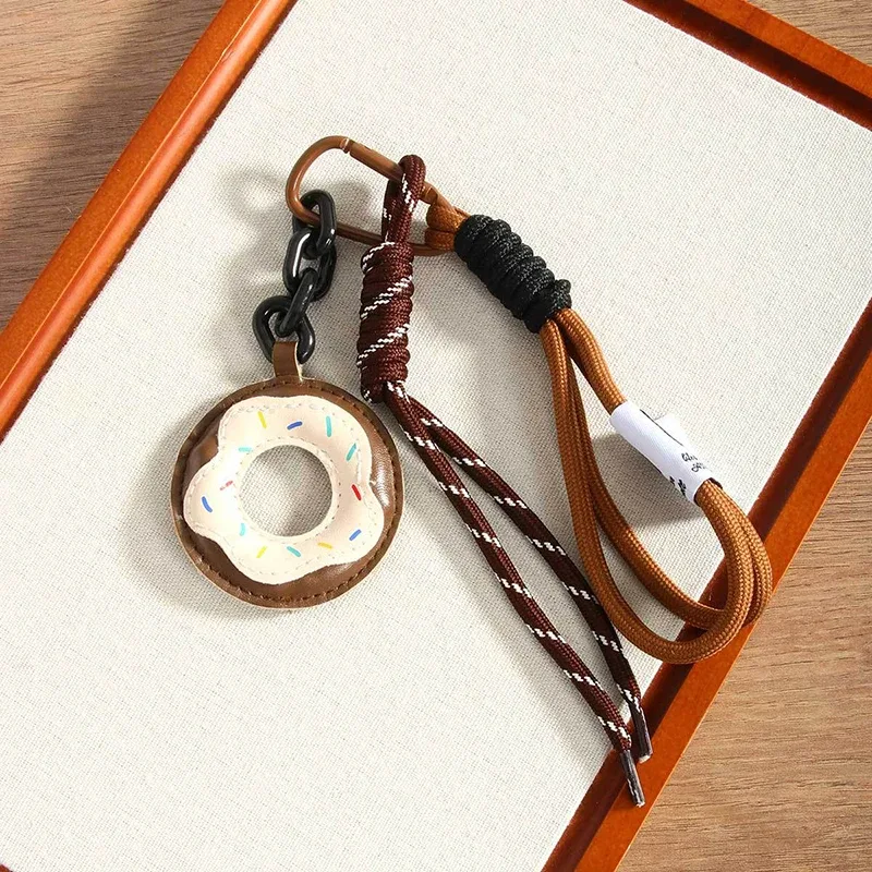 porte-clés créatif en cuir pu en forme de donut, pendentif de sac en corde tressée mignon, accessoires de décoration de sac à dos coréen simple et tendance, cadeau