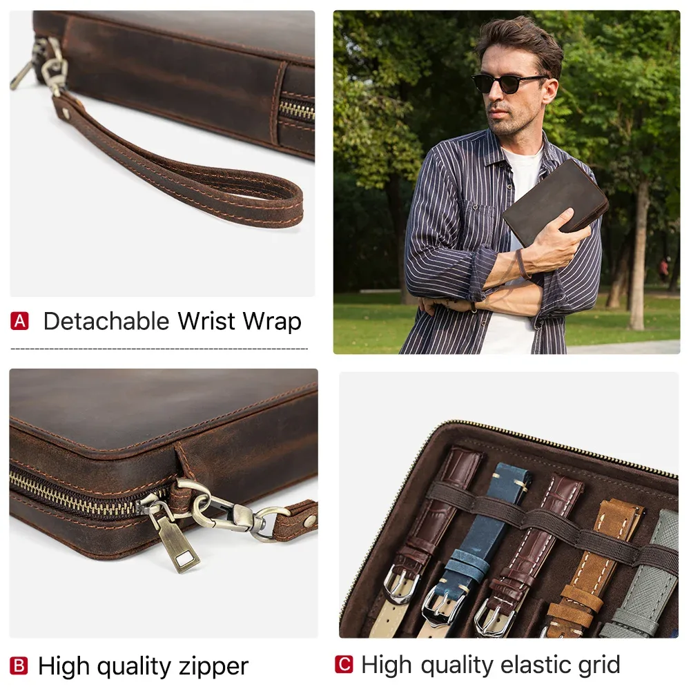 étui de bracelet de montre en cuir de cheval fait à la main, boîte de transport portable, sac de rangement de bracelet de montre, bracelet de montre vintage, bracelet de montre