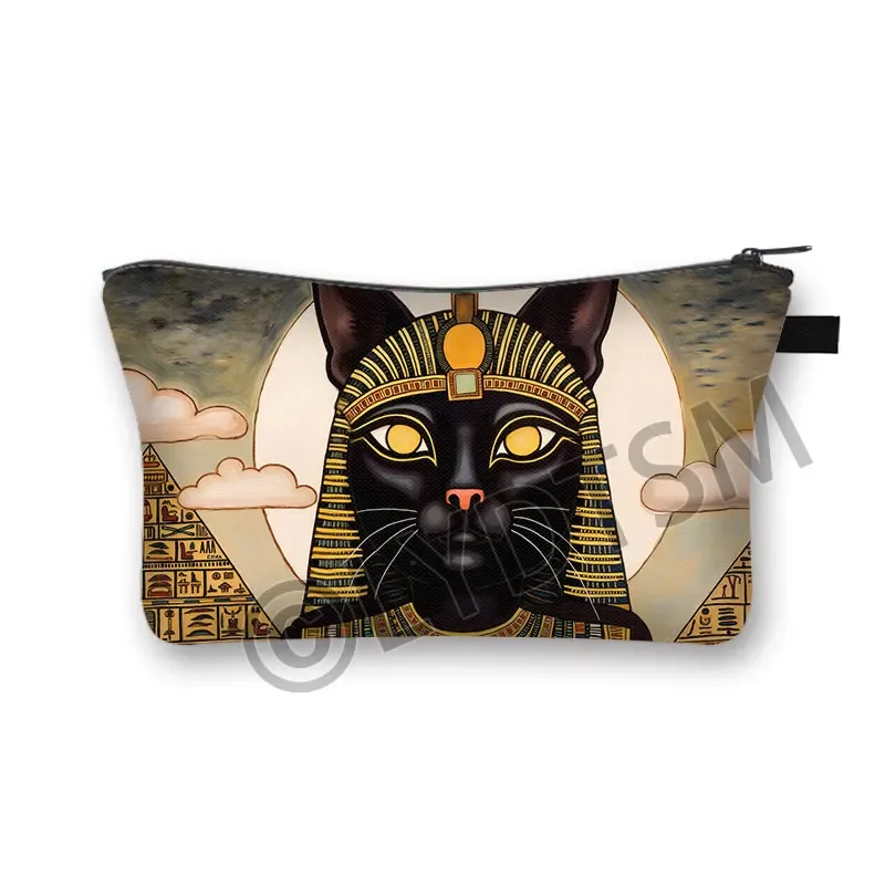 trousse à cosmétiques imprimée chat noir égyptien ancien, sac de maquillage pour femmes, hiéroglyphes égyptiens, croix ankh, rouge à lèvres, serviette, sacs de toilette
