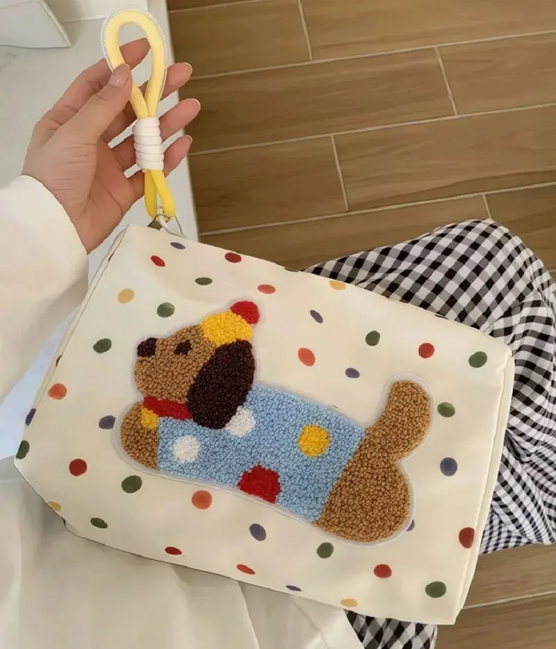 trousse de maquillage à motif de chiot mignon avec lanière, sac de rangement de cosmétiques en toile à points colorés, trousse de toilette de voyage portable pour femmes, sac à stylos