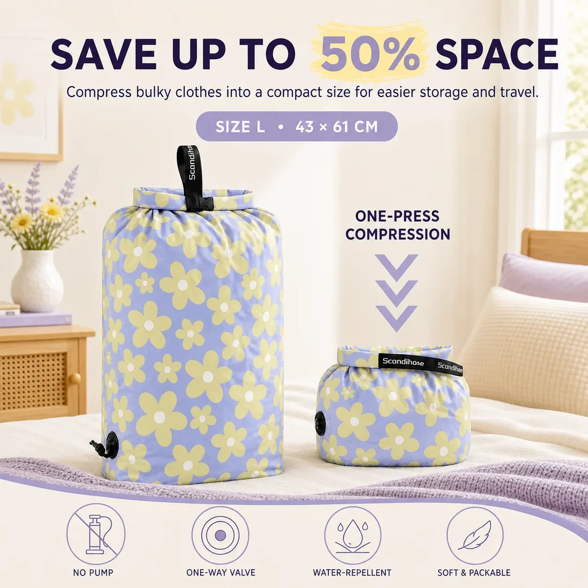 Sac de voyage compressible sans pompe, résistant à l'eau, pour vêtements, camping, gym, natation, bagage, avec séparation sec/humide