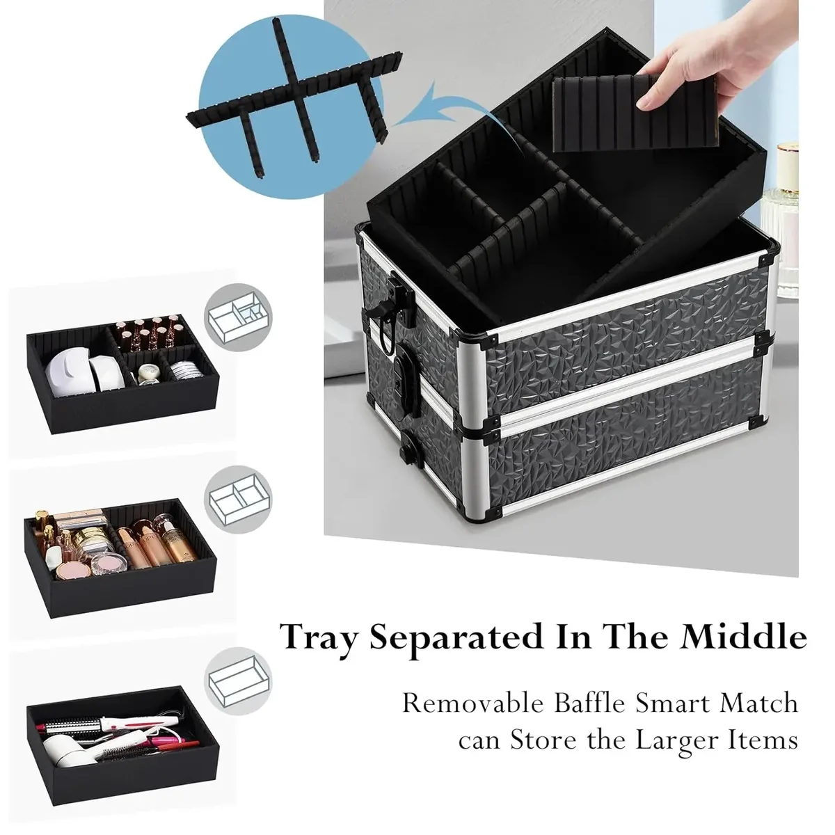 valise de cosmétologie rigide 4-en-1 en aluminium sur roulettes, grande capacité, avec 4 plateaux, chariot de maquillage roulant, valise de voyage pour tatouage, organisateur de vernis à ongles, boîte de rangement, valise de maquillage professionnelle de voyage avec clés